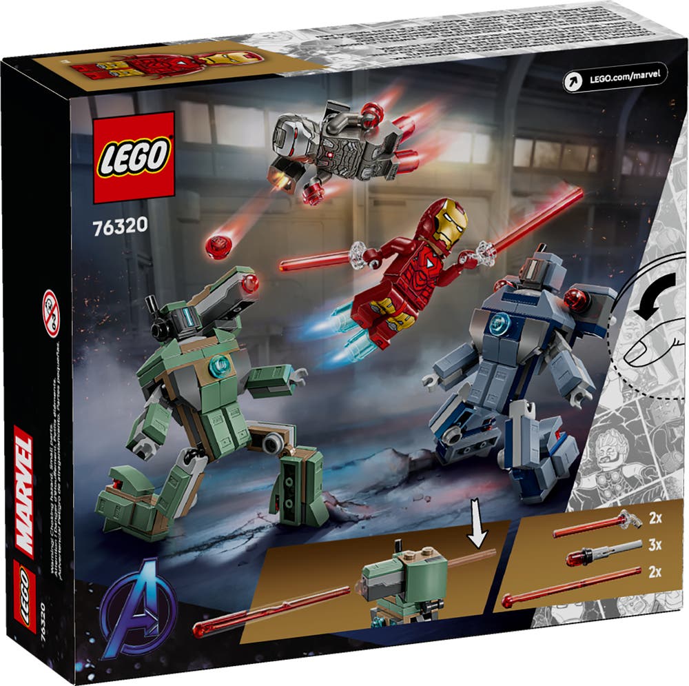 LEGO Marvel 76320 Iron Man & War Machine vs. Hammer Drones box back